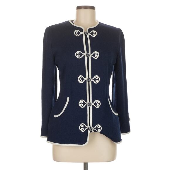 VTG Belmonde Wool Blend Navy Blue Frog Close Jacket Blazer Us 8 - Picture 1 of 5